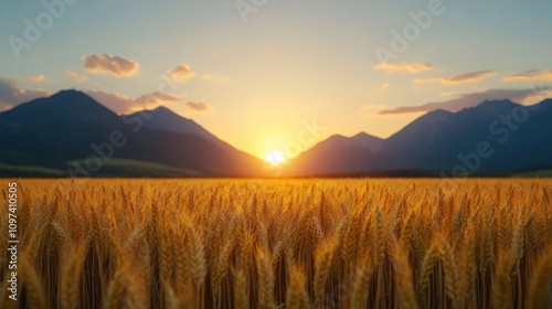 Golden Wheat Field Sunset: Serene landscape photography showcasing a breathtaking sunset over a vast golden wheat field, framed by majestic mountains.