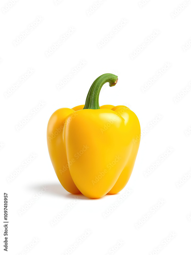 Whole fresh yellow bell pepper with green stalk on white, pungent, wholefood, edible