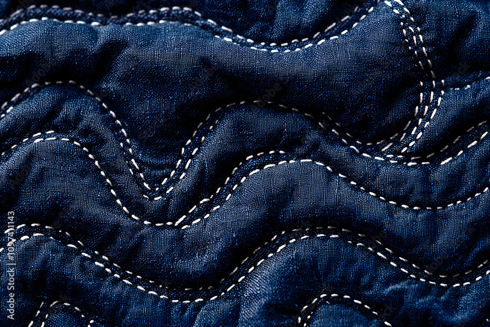 Naklejka premium Sashiko Quilting Detail: Blue Denim Textile, Wave Stitch Pattern, Macro Photography
