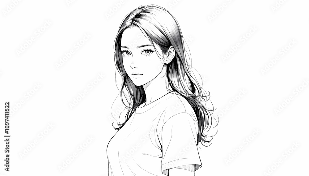 Expressive Pencil Drawing of Girl with Flowing Hair and Gentle Features Expressive Pencil Drawing of Girl with Flowing Hair and Gentle Features