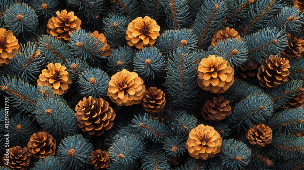 Fototapeta premium Lush evergreen branches adorned with golden pine cones create festive atmosphere, perfect for holiday decorations and seasonal celebrations