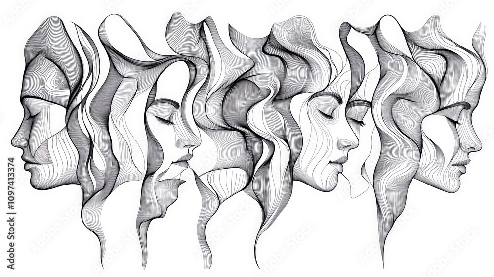 Monochromatic illustration of overlapping female profiles in a continuous flow symbolizing identity introspection and the complexity of human emotions Monochromatic illustration of overlapping female profiles in a continuous flow symbolizing identity introspection and the complexity of human emotions