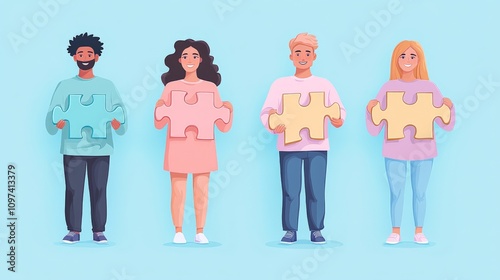 Diverse cartoon figures holding puzzle pieces against a pastel blue background symbolizing inclusivity collaboration and unity in solving shared challenges