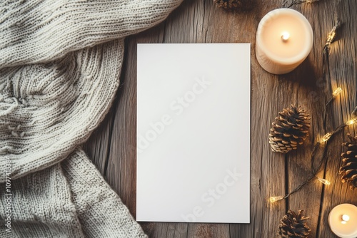 Cartão em branco sobre madeira rústica com elementos naturais e decoração aconchegante de inverno, criado com IA generativa. photo