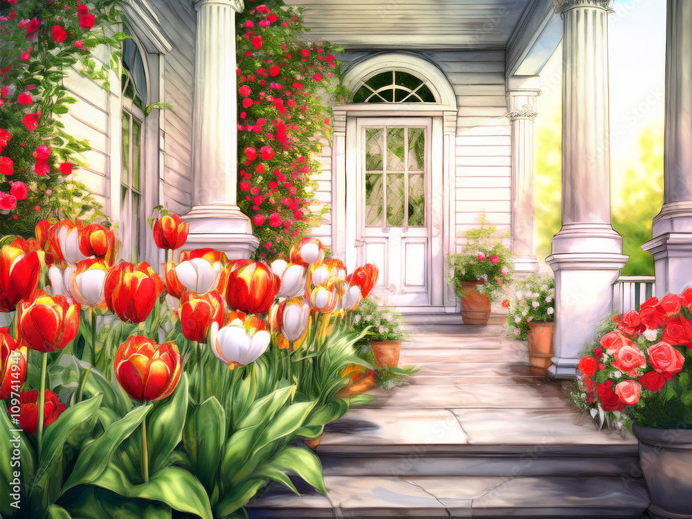 Naklejka premium 春の花に囲まれた玄関