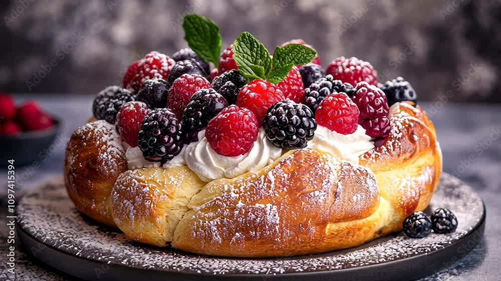 A delicious dessert featuring a fluffy cake topped with fresh berries and whipped cream. A delicious dessert featuring a fluffy cake topped with fresh berries and whipped cream.