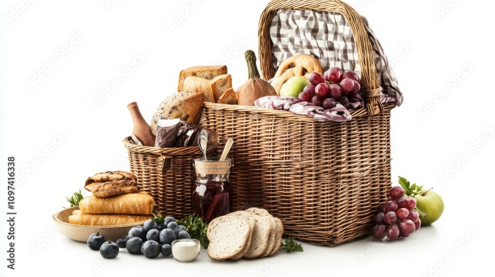 picnic basket filled with assorted breads, fruits, and jams picnic basket filled with assorted breads, fruits, and jams