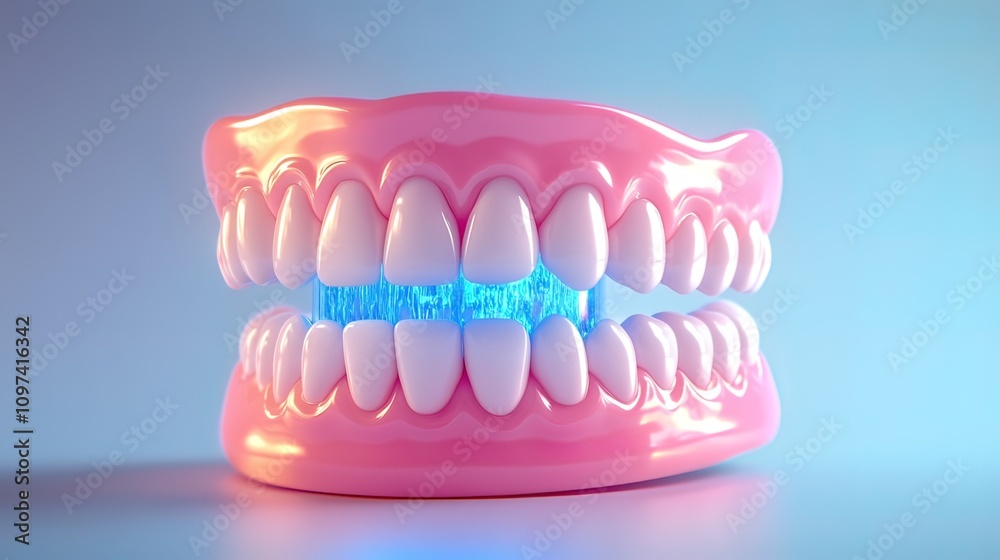 Pink dentures with glowing blue center against a light blue background. Pink dentures with glowing blue center against a light blue background.