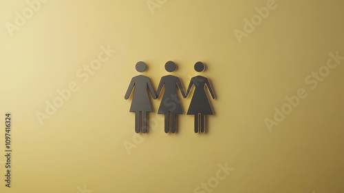 Iconic representation of three interlinked human figures symbolizing community teamwork and connection in a simple gold toned design photo