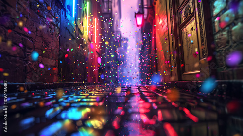 Vibrant Urban Alleyway at Night with Reflections and Colorful Confetti Shower Creating a Magical Atmosphere in a Neon-Lit Atmosphere