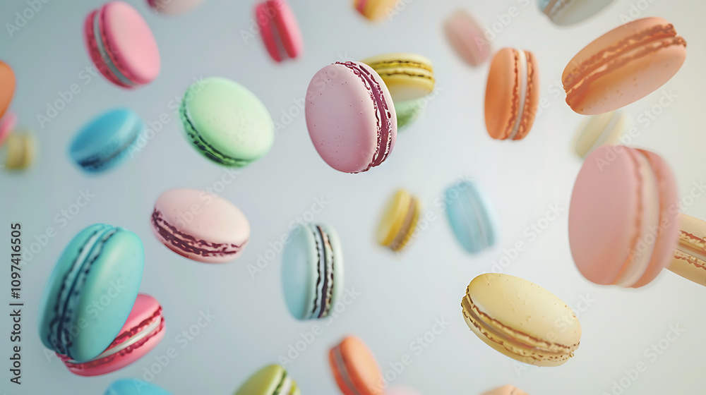 Colorful Flying Macarons in a Dreamy Background Creating a Whimsical and Playful Atmosphere Perfect for Sweet Treat and Dessert Themes Colorful Flying Macarons in a Dreamy Background Creating a Whimsical and Playful Atmosphere Perfect for Sweet Treat and Dessert Themes