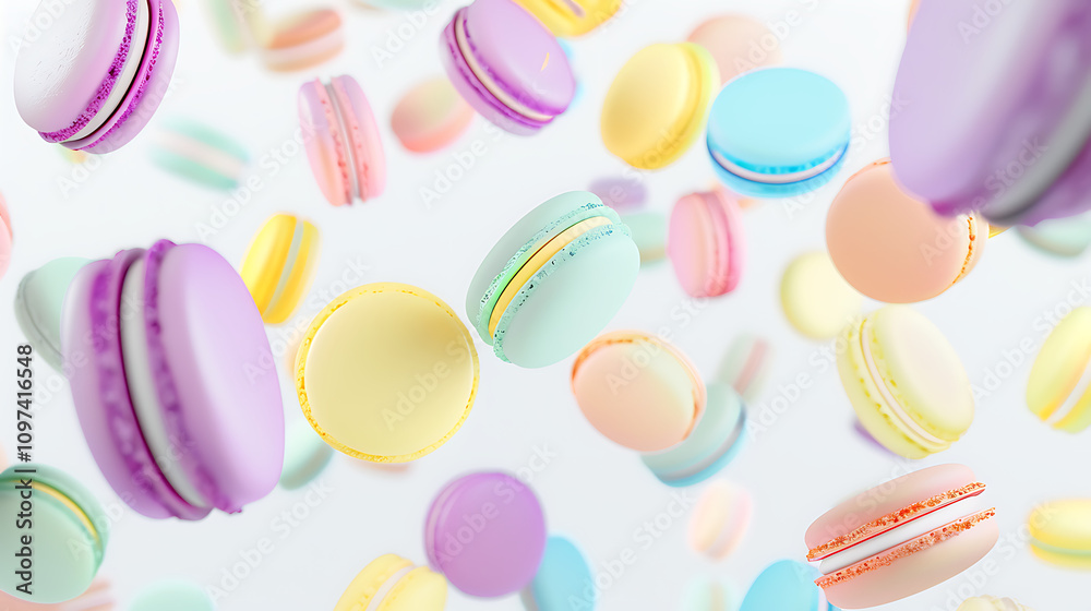 Colorful Floating Macarons in Pastel Shades with a Soft White Background Creating an Appealing and Delicious Visual Experience for Culinary Photography Colorful Floating Macarons in Pastel Shades with a Soft White Background Creating an Appealing and Delicious Visual Experience for Culinary Photography