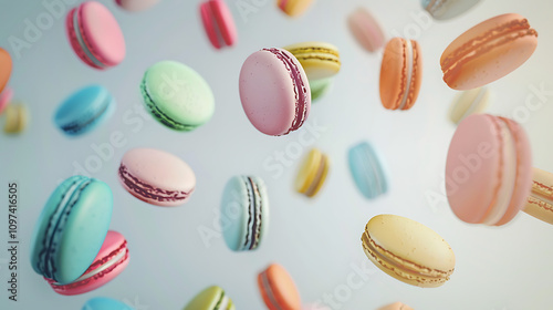 Wallpaper Mural Colorful Flying Macarons in a Dreamy Background Creating a Whimsical and Playful Atmosphere Perfect for Sweet Treat and Dessert Themes Torontodigital.ca