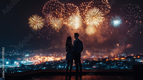 a photo of a couple standing on a rooftop of a skyscraper, they are overlooking all the many colorful firework explosion that light up high in the sky from a distant village far below them, dark night
