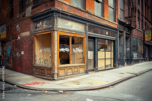 Abandoned corner store with boarded windows and graffiti.