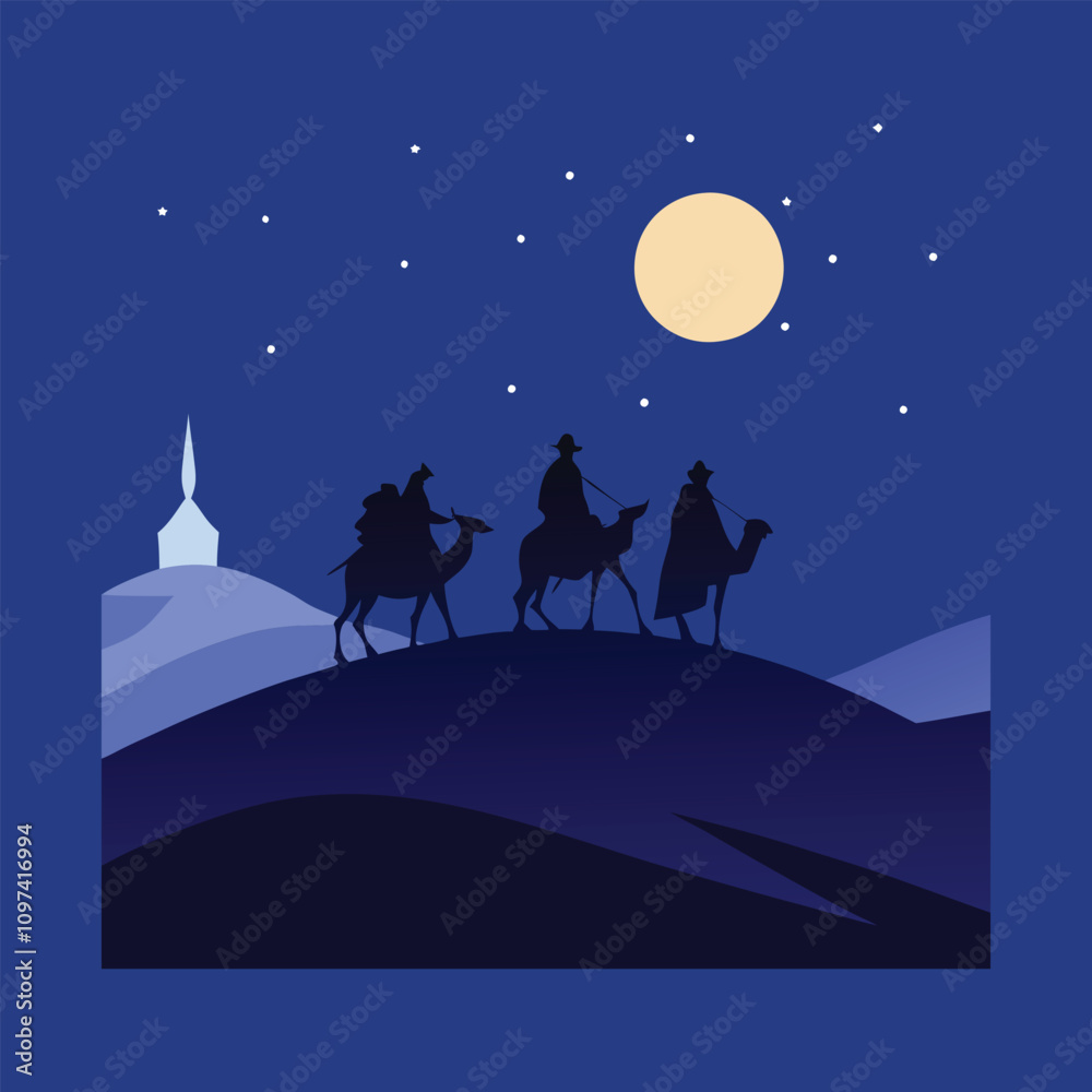 Fototapeta premium The Three Wise Men, or Magi, traveled from the East to Bethlehem following a star, bringing gifts of gold, frankincense, and myrrh to honor the newborn Jesus Christ.