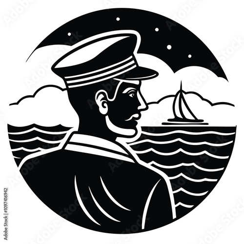 A sailor gazes into the horizon, standing tall and focused. The wind tousles their hair, and the vast ocean stretches before them, symbolizing adventure and determination.