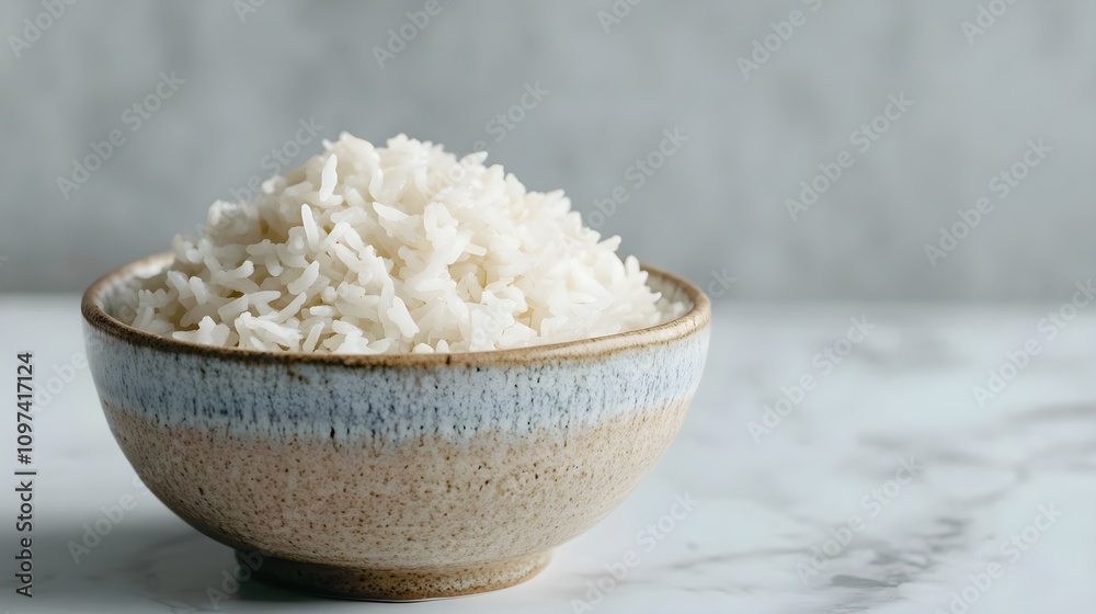 Perfectly Cooked White Rice in a Ceramic Bowl on Marble Background Perfectly Cooked White Rice in a Ceramic Bowl on Marble Background