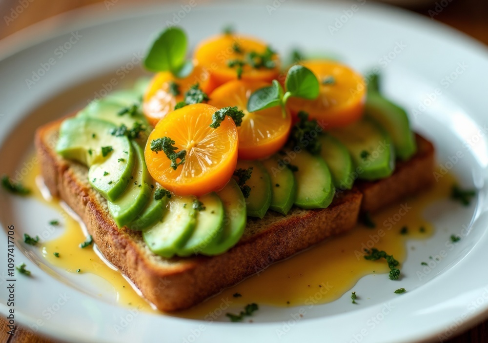 Delicious avocado toast topped with fresh citrus and herbs in a cozy setting Delicious avocado toast topped with fresh citrus and herbs in a cozy setting
