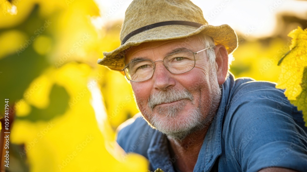 Portrait of Mature Man with Glasses and Straw Hat Smiling Amidst Lush Grape Vines Under Soft Sunlight in Vineyard During Harvest Season Portrait of Mature Man with Glasses and Straw Hat Smiling Amidst Lush Grape Vines Under Soft Sunlight in Vineyard During Harvest Season