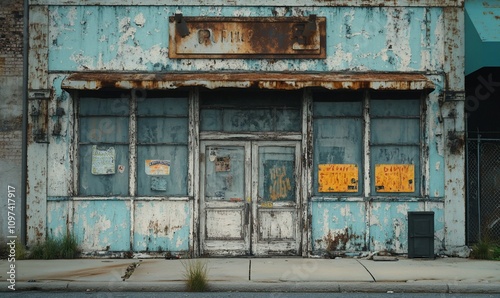 Abandoned, weathered storefront with peeling paint, rusty awning, and boarded-up doors and windows.