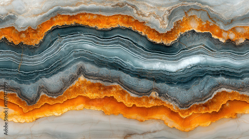 Stunning close up of abstract marble pattern featuring vibrant orange and blue hues, showcasing intricate layers and textures of stone