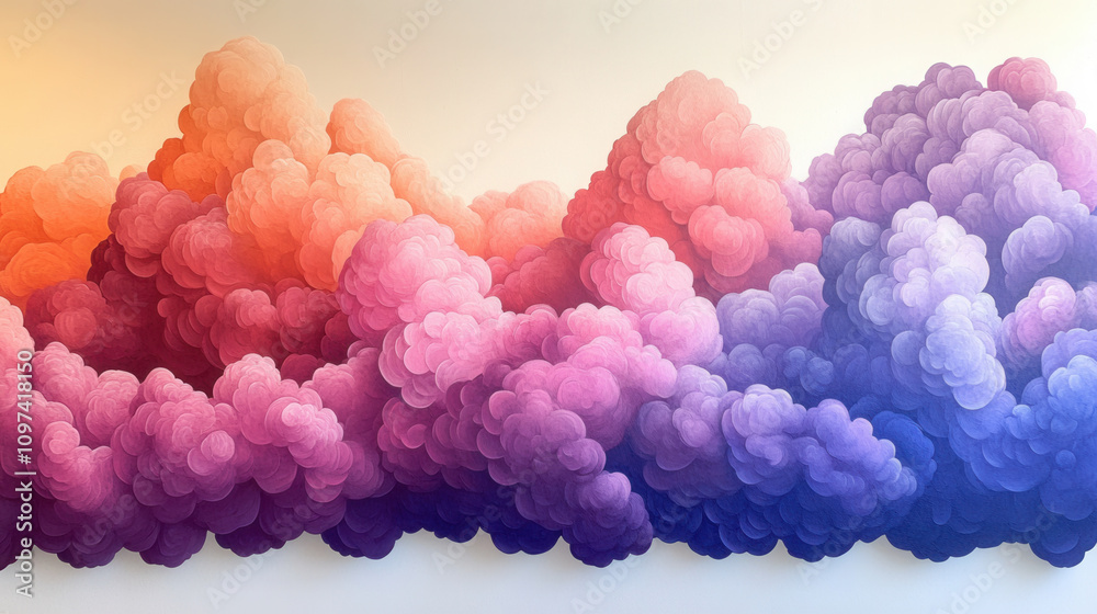 Colorful cloud mural with shades of pink, purple, and orange, creating dreamy atmosphere. soft, rounded shapes evoke sense of calm and creativity Colorful cloud mural with shades of pink, purple, and orange, creating dreamy atmosphere. soft, rounded shapes evoke sense of calm and creativity