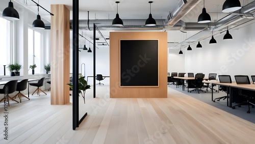 Contemporary Office Space Featuring Wooden Walls, empty Dark Canvas, Work Desks, and Panoramic City Views – 3D Render photo