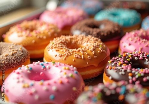 Colorful assortment of freshly baked donuts arranged on a tray at a bakery