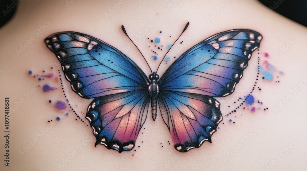 Fototapeta premium Watercolor Butterfly Tattoo On Skin Back
