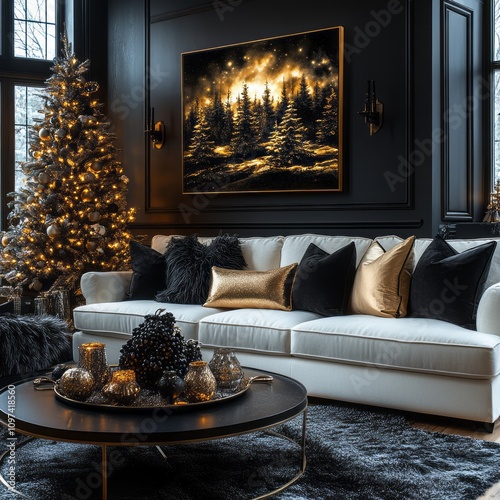 Elegant Christmas Living Room Decor With Gold Accents photo