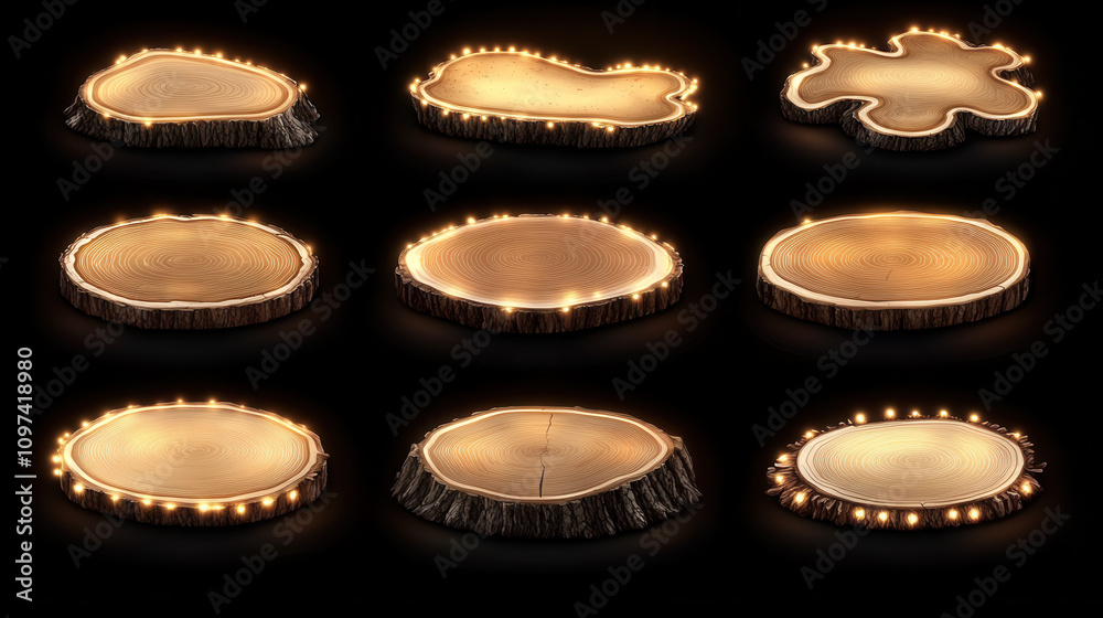 Natural wood slices with glowing edges, showcasing various shapes and textures. Perfect for backgrounds or decorative elements in design projects Natural wood slices with glowing edges, showcasing various shapes and textures. Perfect for backgrounds or decorative elements in design projects