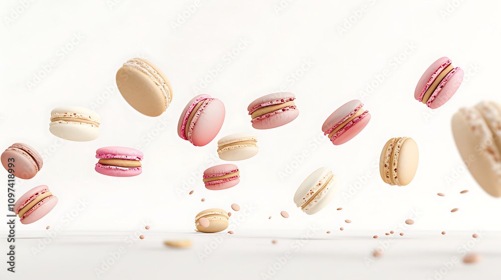 Colorful macarons in mid-air against a light background, showcasing an assortment of pink, beige, and white flavors, perfect for dessert lovers and food enthusiasts. Colorful macarons in mid-air against a light background, showcasing an assortment of pink, beige, and white flavors, perfect for dessert lovers and food enthusiasts.