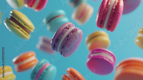 Wallpaper Mural Floating Assortment of Colorful Macarons Against a Bright Blue Background, Evoking Joy and Celebration in a Sweet Culinary Delight Experience Torontodigital.ca