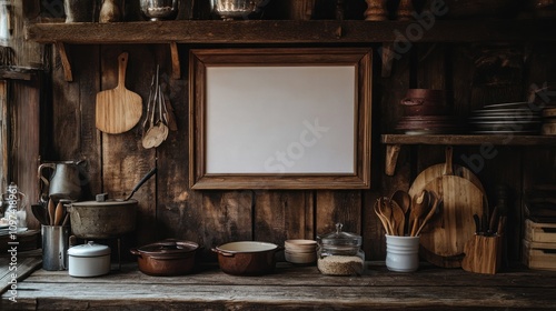 Rustic Kitchen Scene With Blank Frame And Vintage Utensils photo