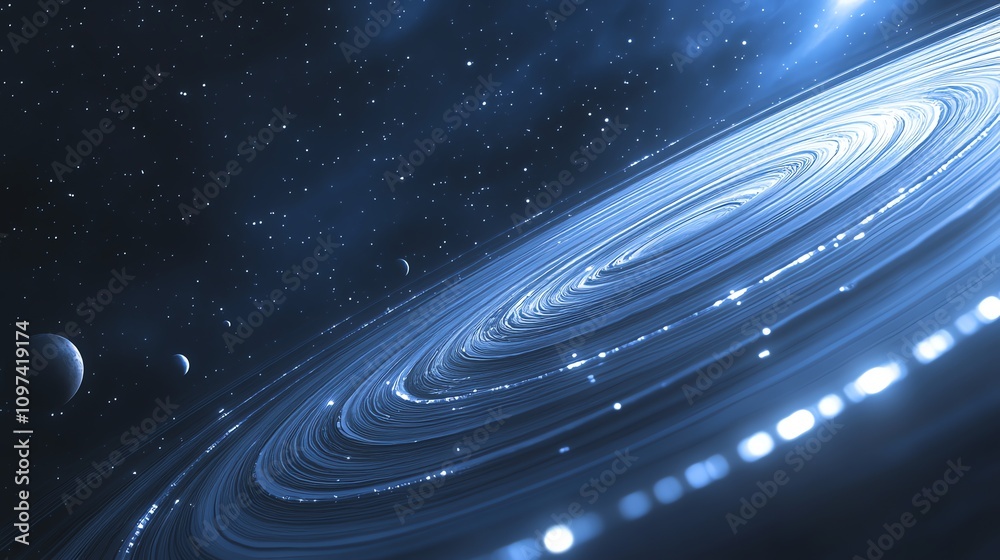 Obraz premium A cosmic scene depicting swirling galaxies and distant planets in a starry space backdrop.