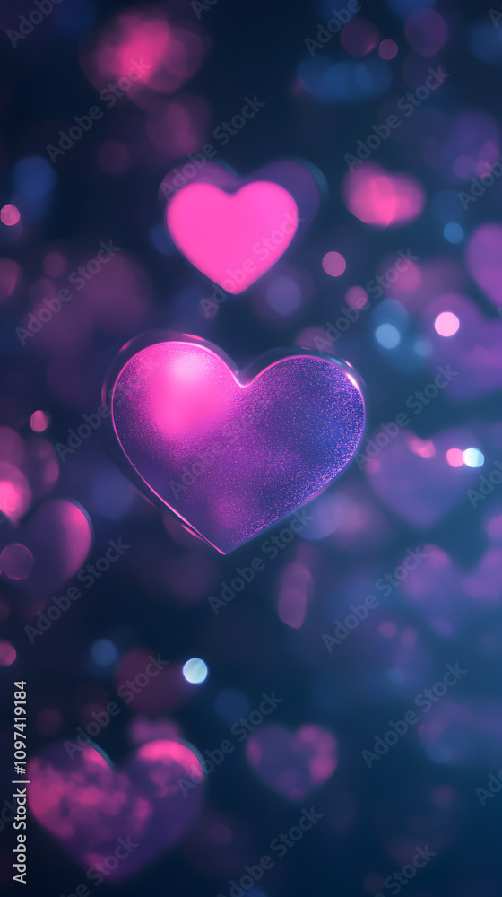 Neon Hearts Bokeh: Dreamy Purple Background Neon Hearts Bokeh: Dreamy Purple Background