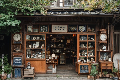 Antique clock shop in old town, filled with vintage timepieces.