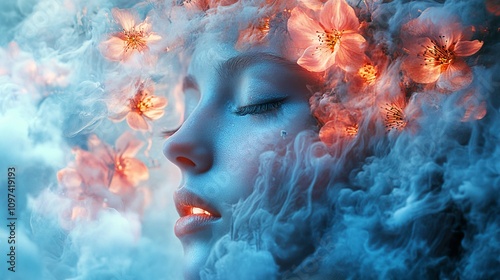 Dreamlike Portrait: Serene Woman Amidst Glowing Flowers and Blue Smoke