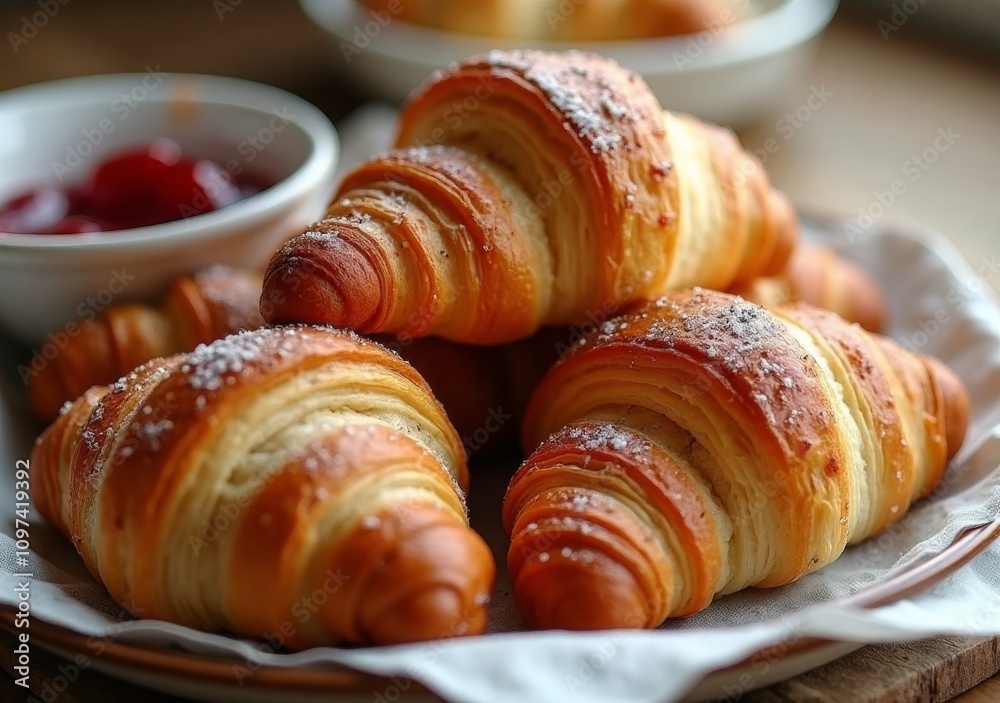 Freshly baked croissants served with jam on a rustic table setting Freshly baked croissants served with jam on a rustic table setting