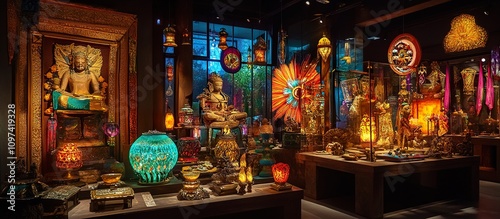 Exotic Asian artifacts and lamps displayed in a dimly lit shop.