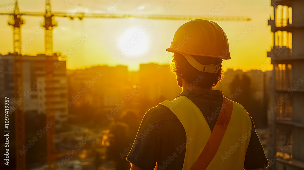 Construction Worker Observing Sunset Over Cityscape with Cranes in Background and Safety Gear in Vibrant Golden Hour Lighting Construction Worker Observing Sunset Over Cityscape with Cranes in Background and Safety Gear in Vibrant Golden Hour Lighting