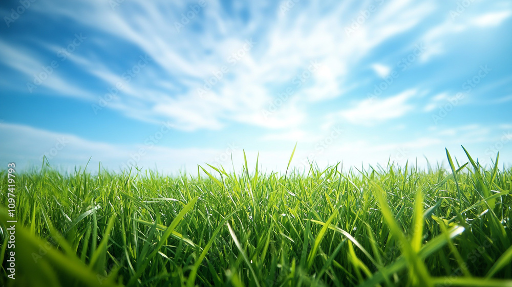 Fototapeta premium Bright green grass under a clear blue sky with scattered clouds