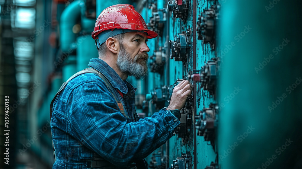 Focused industrial worker operating control panel in a mechanical facility Focused industrial worker operating control panel in a mechanical facility