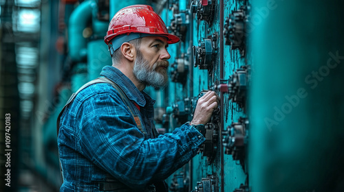 Focused industrial worker operating control panel in a mechanical facility