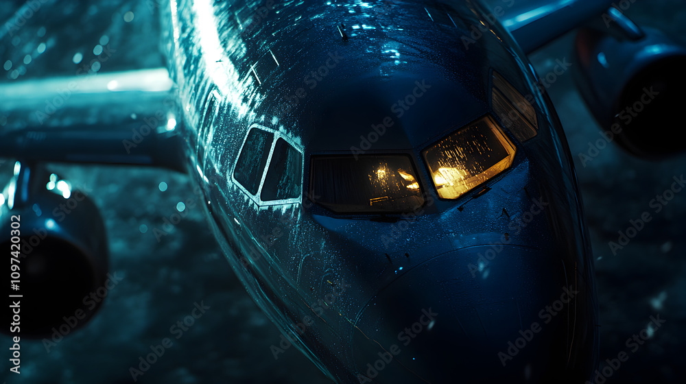 Night Flight: Rain-Streaked Airplane Cockpit, Dramatic Lighting, Cinematic Night Flight: Rain-Streaked Airplane Cockpit, Dramatic Lighting, Cinematic