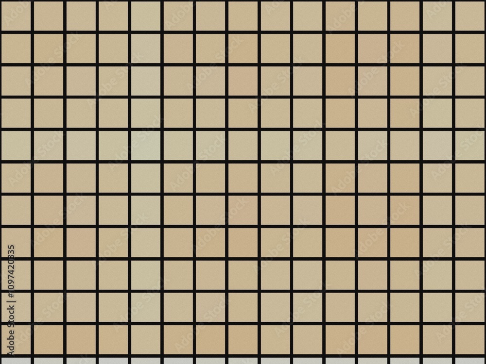 A seamless grid pattern of beige squares with black grout lines forms a minimalist background. A seamless grid pattern of beige squares with black grout lines forms a minimalist background.