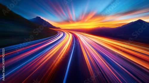 Vibrant light trails illuminate a highway at sunset with mountains in the background