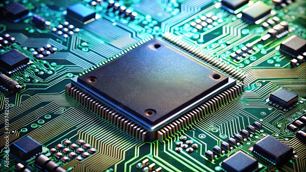 Close-up of a microchip on a circuit board, technology, electronics, hardware, computer, processor, motherboard Close-up of a microchip on a circuit board, technology, electronics, hardware, computer, processor, motherboard