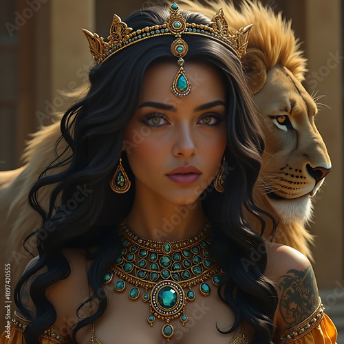 A portrait of an Iranian queen with a crown and ornaments standing next to a lion
